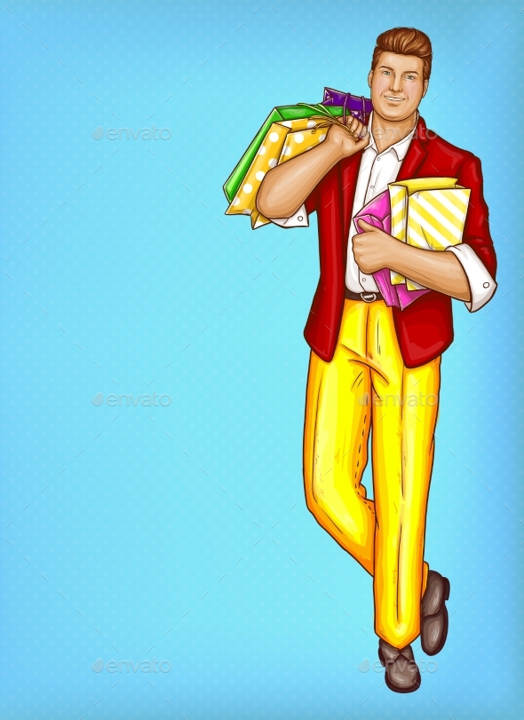 Vector Pop Art Man with Shopping Bags - People Characters