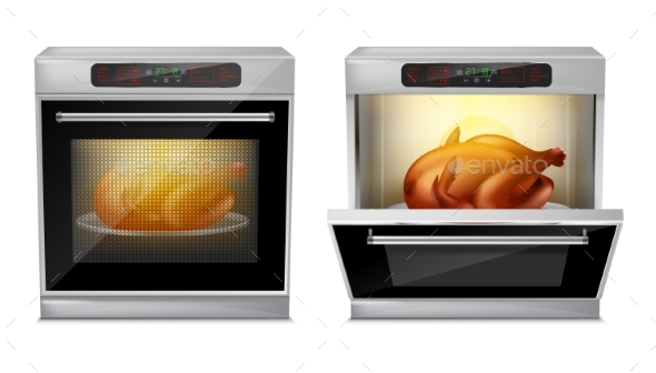 Vector Realistic Oven with Turkey on Plate Inside - Food Objects