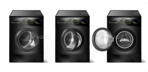 Vector Set of Realistic Black Washing Machines - Man-made Objects Objects