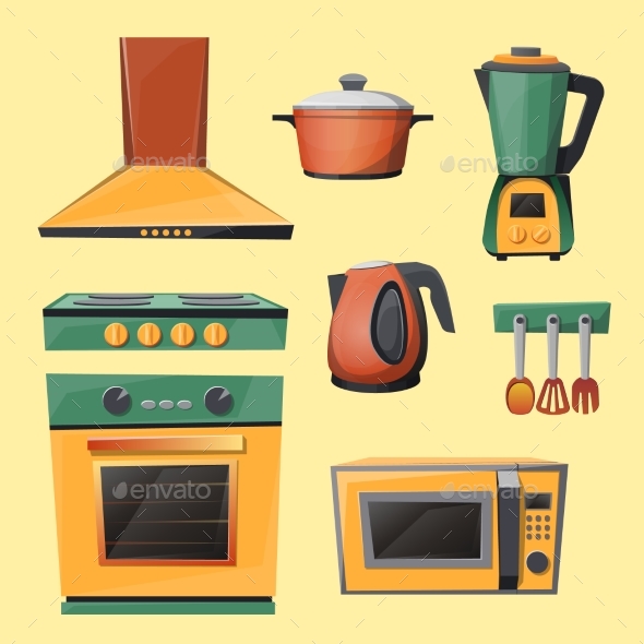 Vector Cartoon Set of Household Kitchen Appliances - Man-made Objects Objects