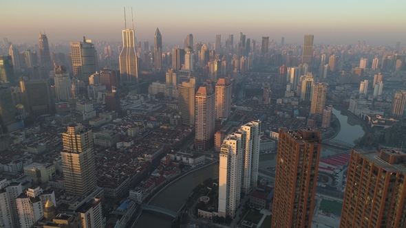 Shanghai Skyline in the Sunny Morning. Puxi District. China. Aerial High Altitude View alt