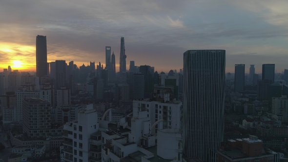 Shanghai Skyline at Sunny Sunrise Aerial View China Drone Is Flying Sideways and Upward alt