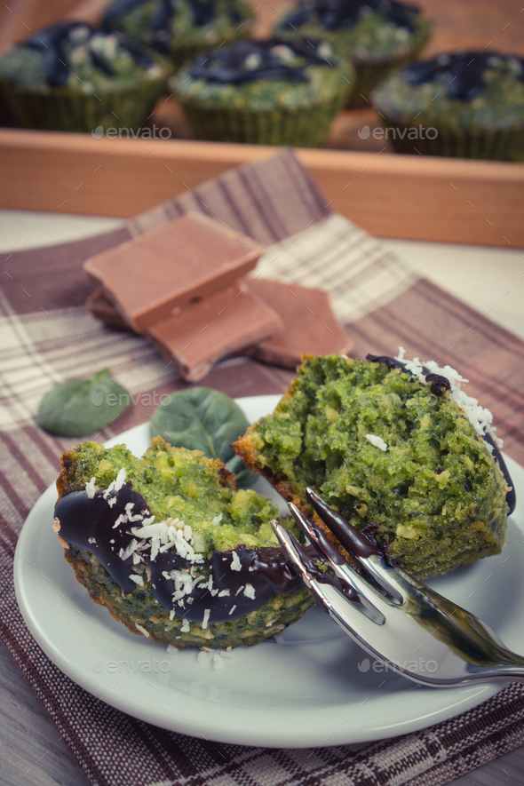 Vintage photo, Fresh muffins with spinach, desiccated coconut and chocolate glaze - Stock Photo - Images