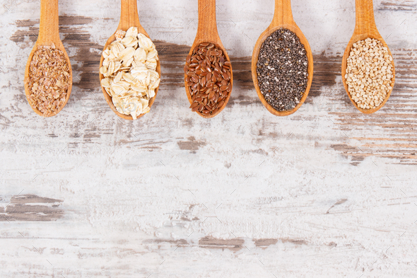 Food containing natural vitamins and dietary fiber, healthy nutrition concept, copy space for text - Stock Photo - Images