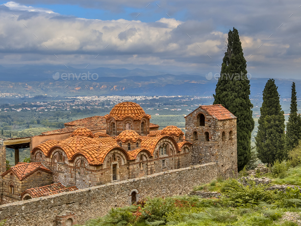 Byzantine monastery in Mystras Peloponnese Greece - Stock Photo - Images