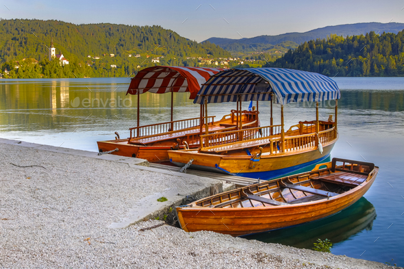 Traditional Pletna boats lake Bled - Stock Photo - Images