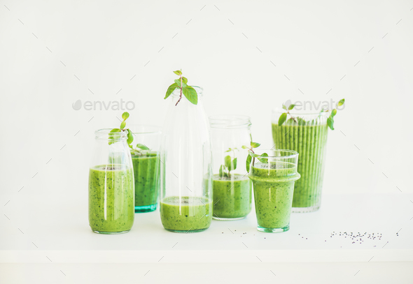 Matcha green vegan smoothie with chia seeds and fresh mint - Stock Photo - Images