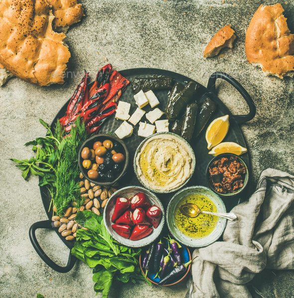Mediterranean meze starter fingerfood platter, copy space - Stock Photo - Images