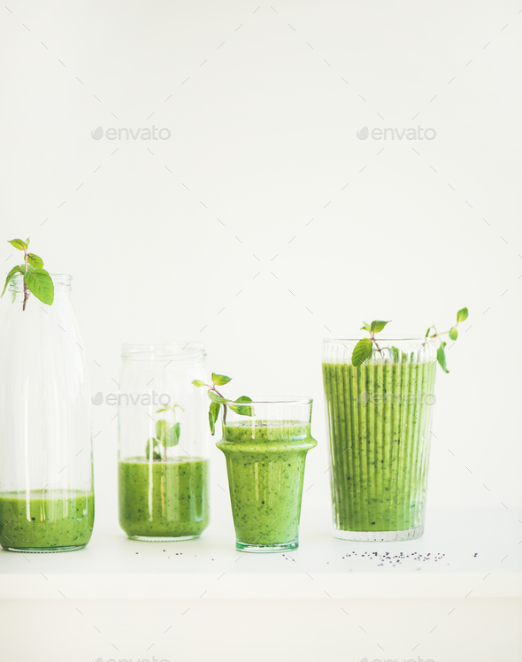 Matcha green smoothie with chia seeds in glasses, copy space - Stock Photo - Images