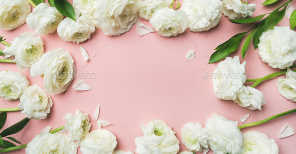 Saint Valentines Day frame or background with ranunculus, wide composition - Stock Photo - Images