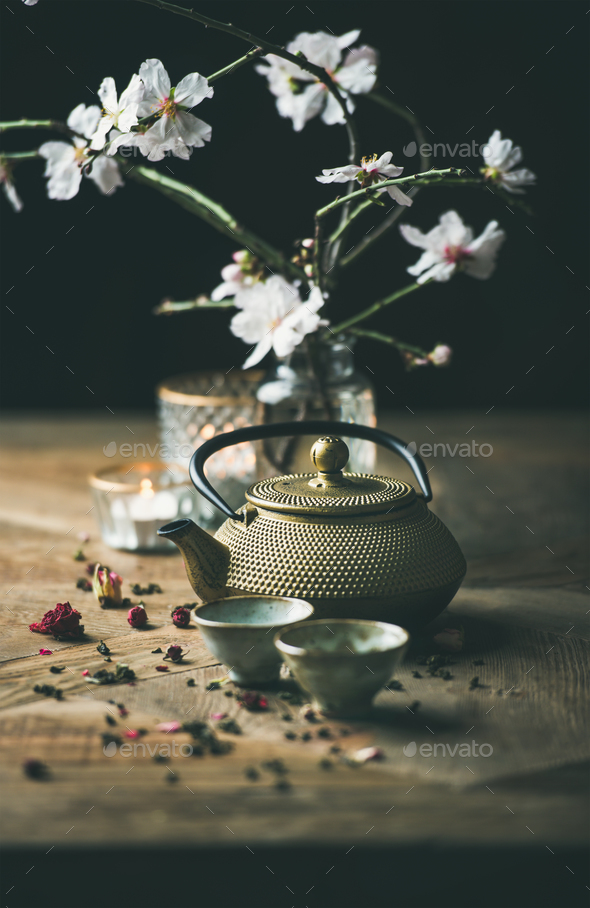 Traditional Asian tea ceremony arrangement over wooden background - Stock Photo - Images