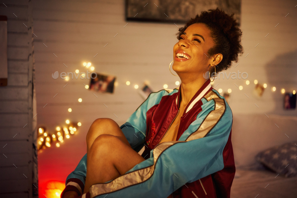 Young Cheerful Black Woman Smiling At Night - Stock Photo - Images