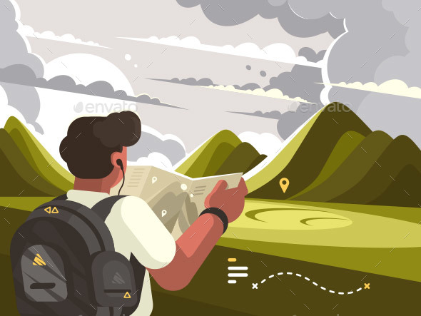 Traveler with Map Planning Route to Mountains - Travel Conceptual