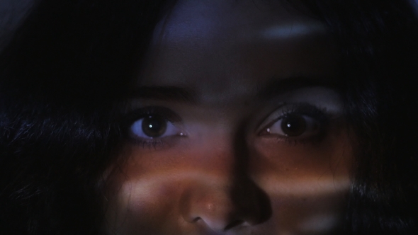 Portrait of a Young Woman Watching a Video or Film on TV or a Computer Monitor