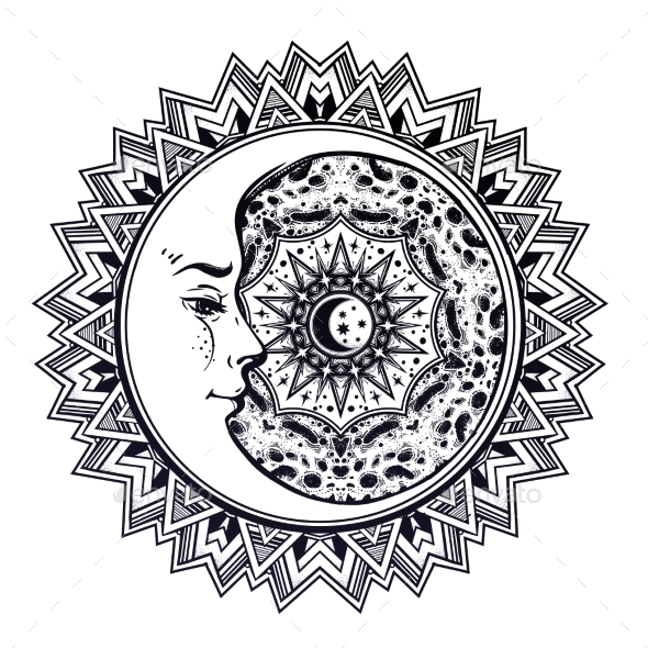 Space Mandala with Crescent Face, Sun and Moon - Landscapes Nature