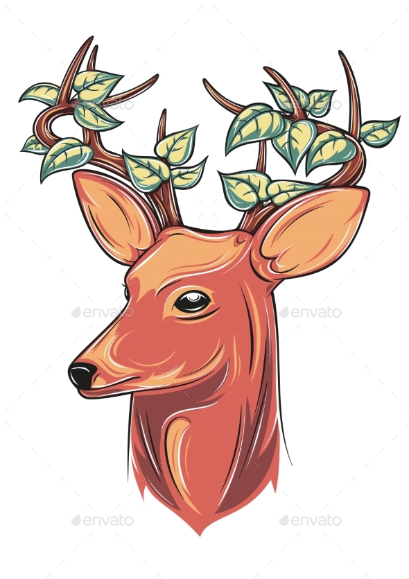 Deer Head with Leaves - Animals Characters