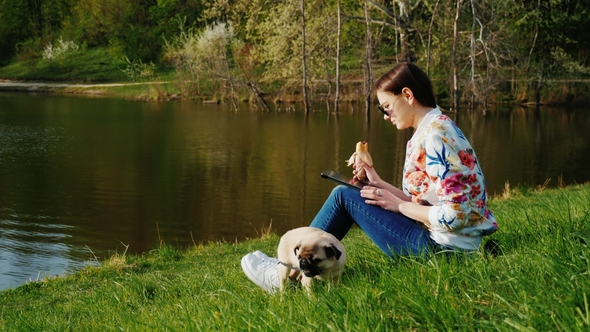 Relax with Your Favorite Dog in the Park. A Woman Uses a Tablet, Eats Fast Food alt