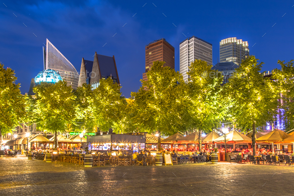 Famous Plein square The Hague at night - Stock Photo - Images