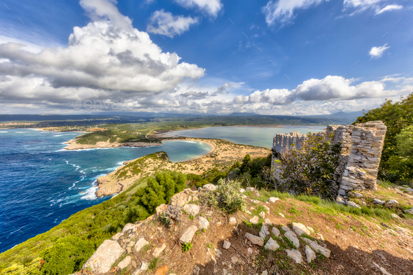Aerial view Voidokilia beach seen from navarino castle - Stock Photo - Images