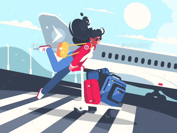 Girl Carrying Baggage on Trolleys for Flight - People Characters