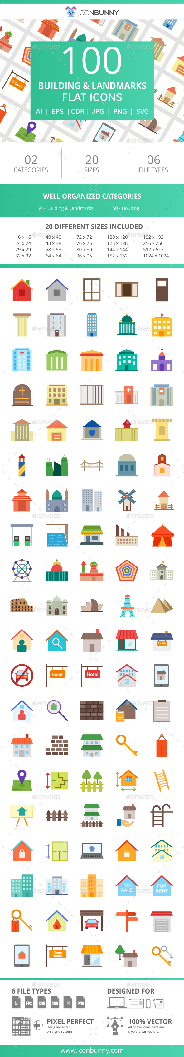 100 Building & Landmarks Flat Icons - Icons