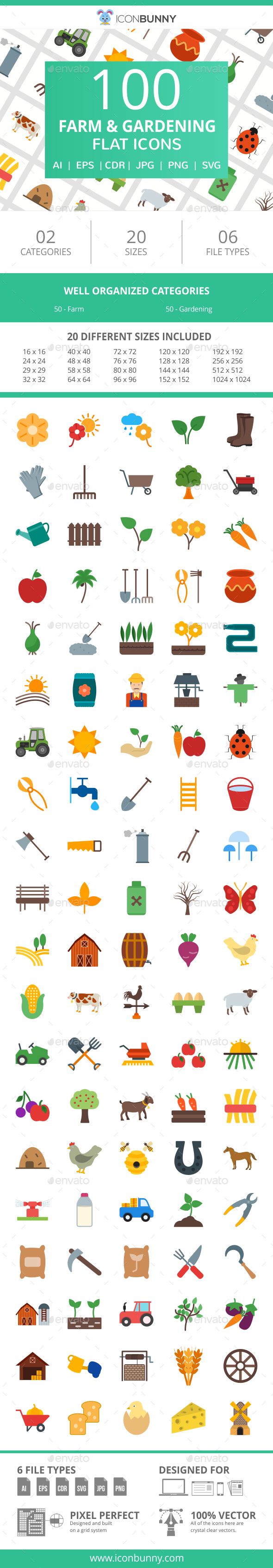 100 Farm & Gardening Flat Icons - Icons