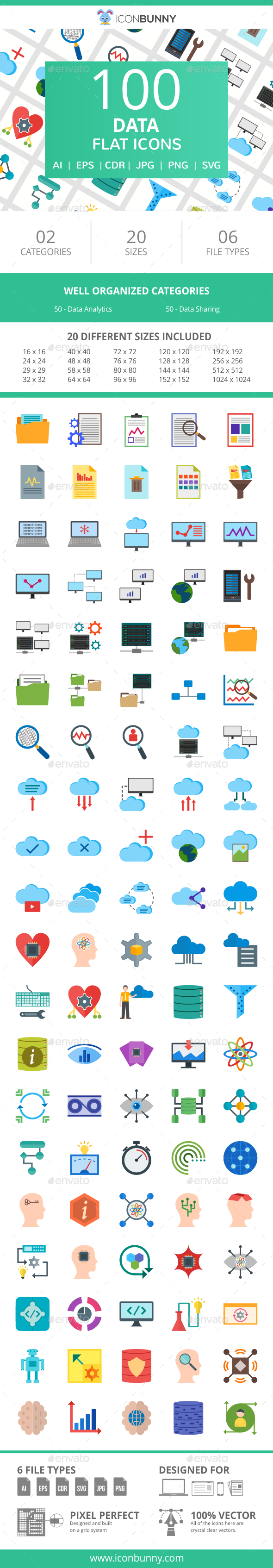 100 Data Flat Icons - Icons