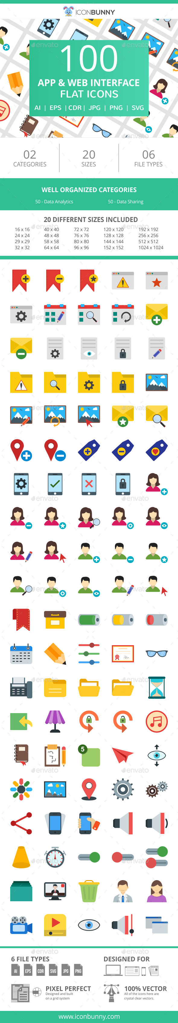 100 App & Web Interface Flat Icons - Icons