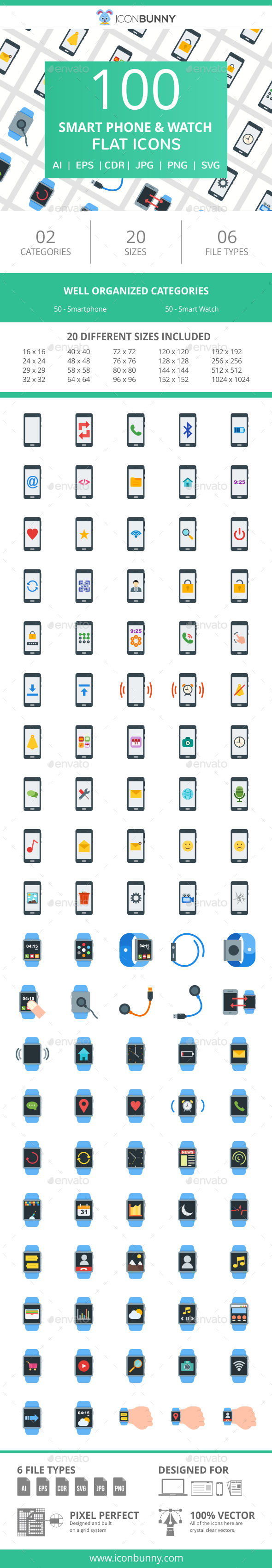 100 Smartphone & Smartwatch Flat Icons - Icons