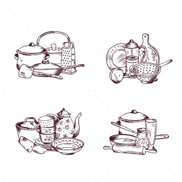 Hand drawn pastel vintage kitchenware set Vector Image