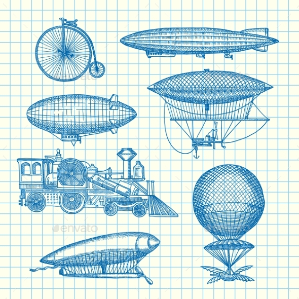 Vector Set of Steampunk Hand Drawn Dirigibles - Miscellaneous Vectors