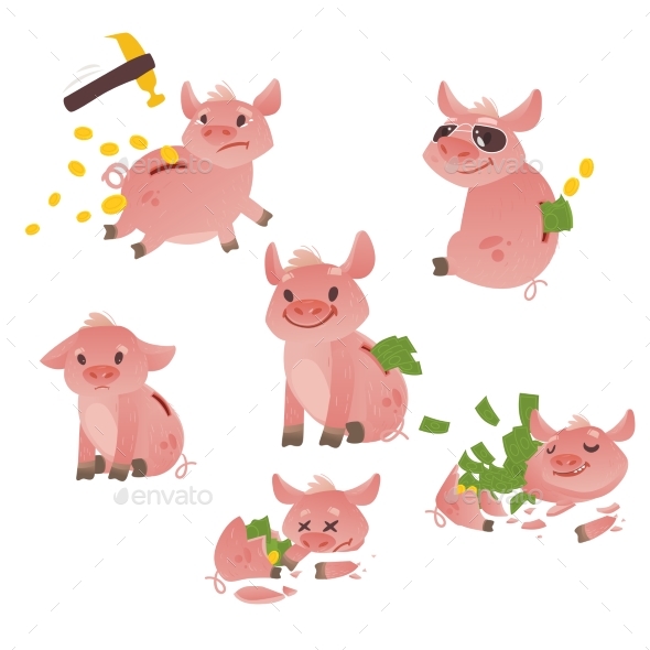 Vector Cartoon Piggy Bank Set - Characters Vectors