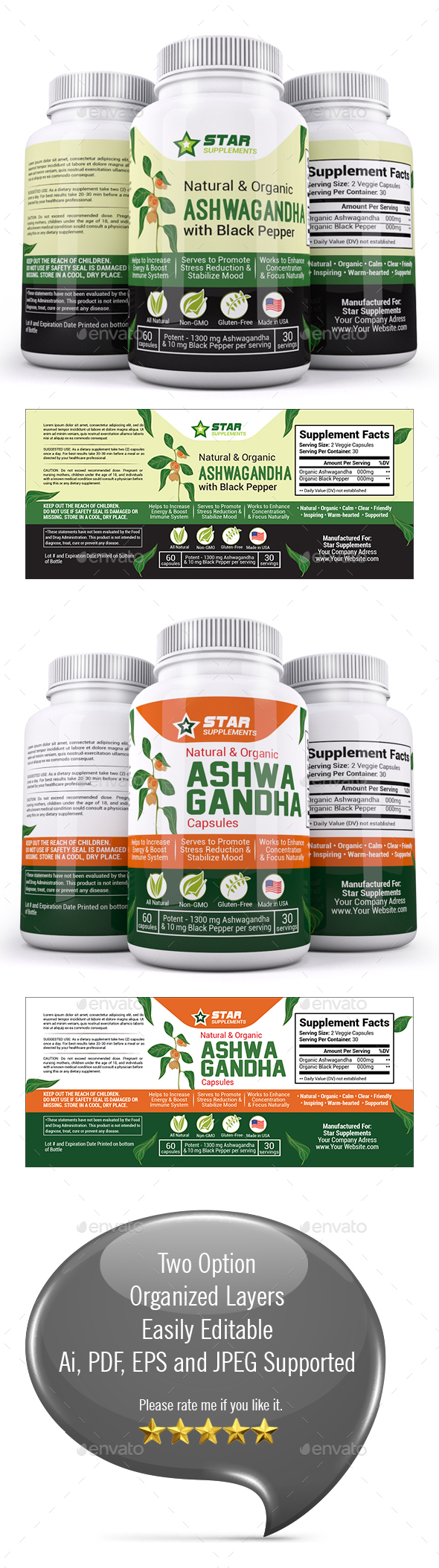 Ashwagandha Supplement Label Template - Packaging Print Templates