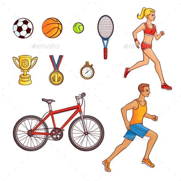 Hand-Drawn Set of Running People and Sport Items - Sports/Activity Conceptual