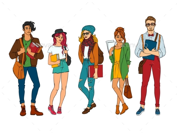 Vector Sketch Young Teen Students Set - People Characters