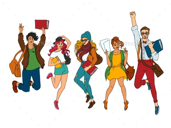 Vector Sketch Young Teen Students Jumping Set - People Characters
