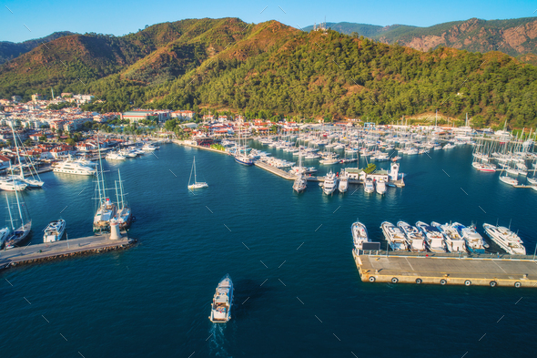 Aerial view of boats and yachts at sunset in Turkey - Stock Photo - Images
