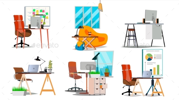 Office Workplace Interior Set Vector. Interior Of - Objects Vectors