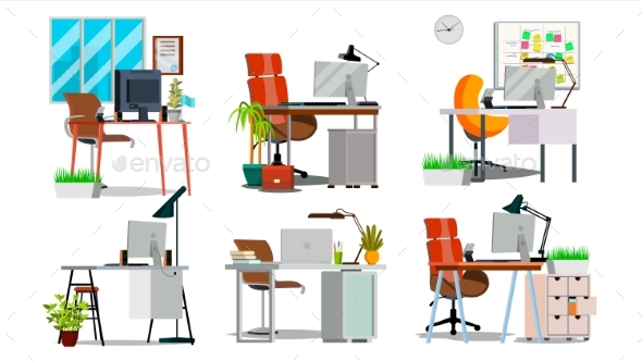 Office Workplace Interior Set Vector. Interior Of - Objects Vectors