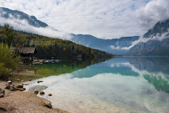 Cabin at the border of Bohinj Lake - Stock Photo - Images