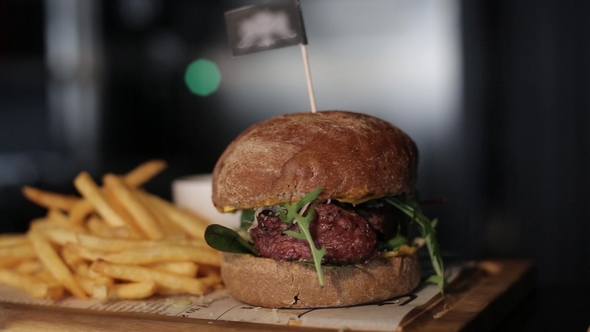 Restaurant French Fries and Burger Cooking Food, Meat, Barbecue, Grill, Hamburger, Burger, Bbq, Beef