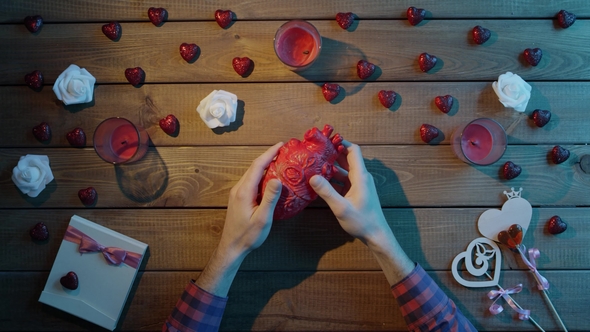 Adult Man Looks at Plastic Human Heart By Wooden Table, Top View