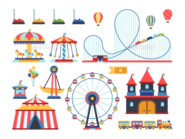 Amusement Park Attractions. Train, Ferris Wheel - Objects Vectors