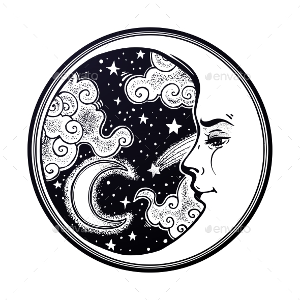 Round Ornament with Moon Face, Stars and Clouds - Landscapes Nature