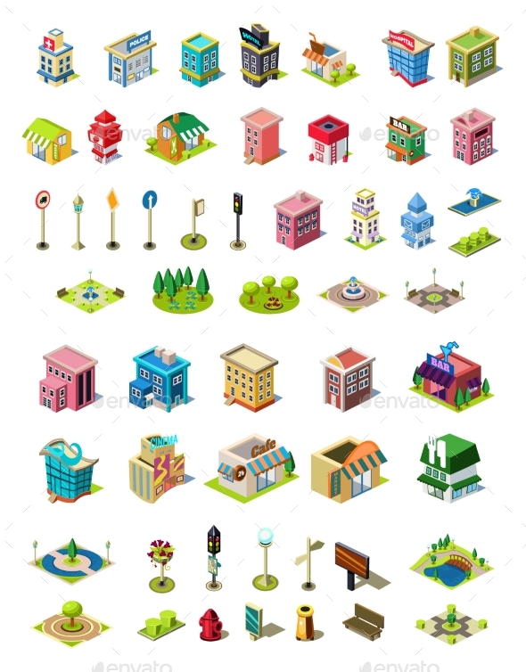 Isometric Vector Icons Set for City Constructor - Buildings Objects