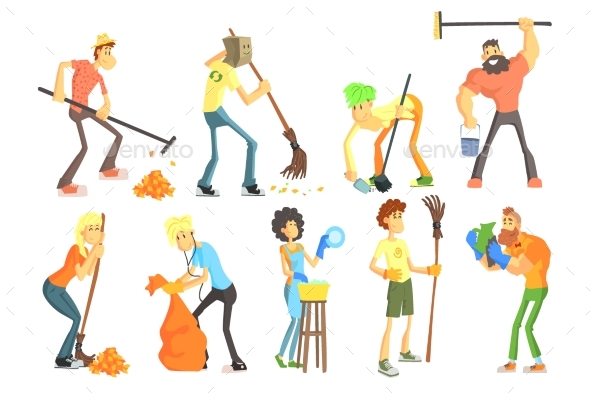 Cartoon Men and Women Cleaning in House - People Characters