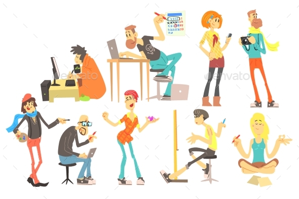 Flat Vector Set of Cartoon Creative People - People Characters