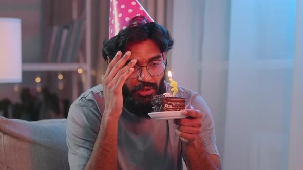 Portrait Arabian Sad Upset Lonely Indian Bearded Man Celebrate Birthday Alone Without Friends Feel alt