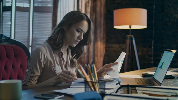 Business Woman Working on Laptop. Business Analysing Data. Business Research alt