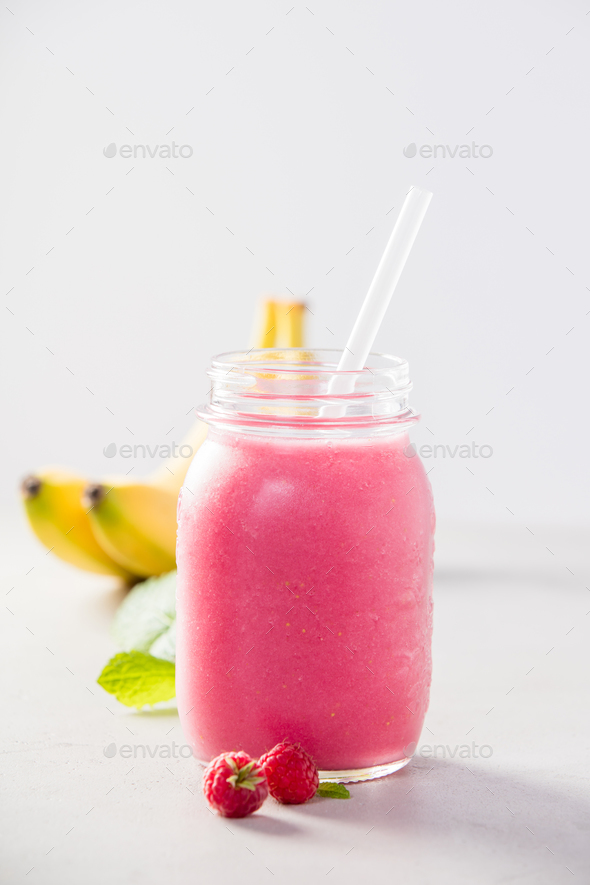 Close-up of pink fresh smoothie - Stock Photo - Images